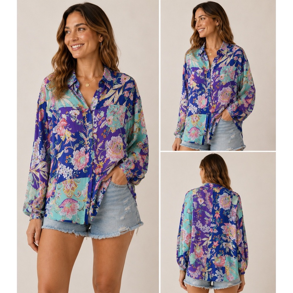Johnny Was‎ Leya Button Up Vivienne Floral Patchwork Boho Blouse Womens Small